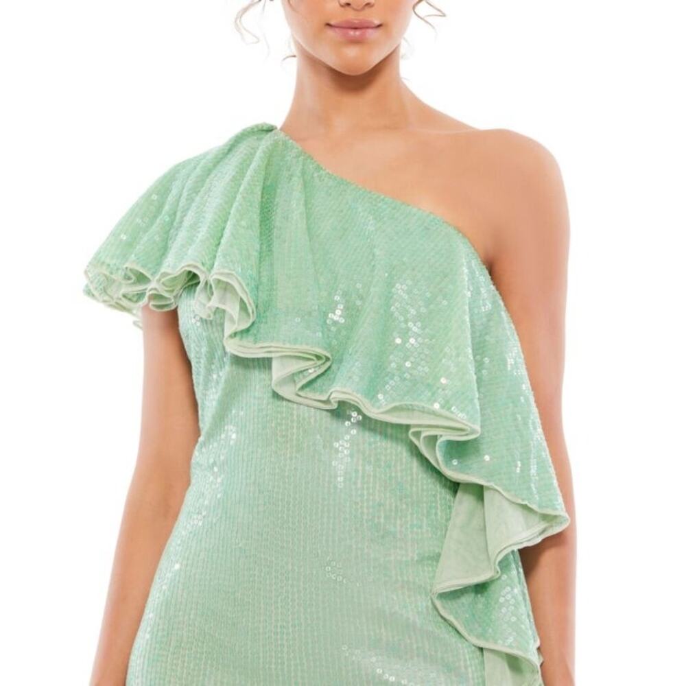 Mac Duggal NWT Sage Green Sequin One Shoulder Ruffle Cocktail Dress Size 4 - Picture 2 of 16